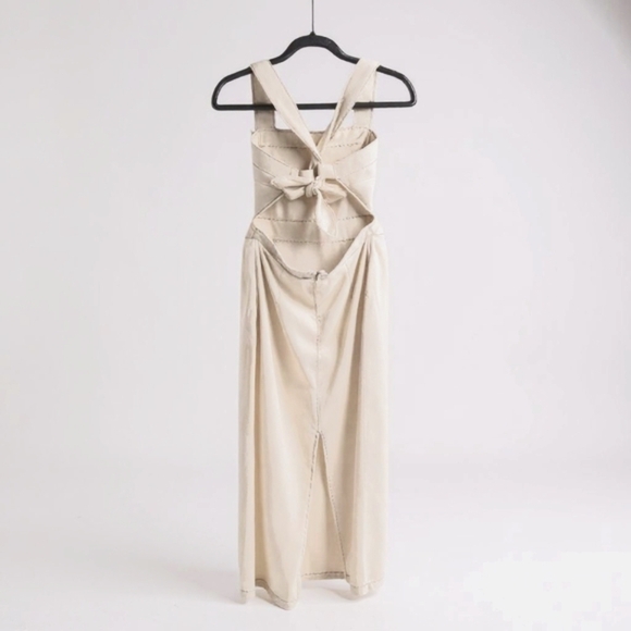Future Collective Dresses & Skirts - Future Collective Maxi Ivory Denim Bib Dress with Cute Bow Back